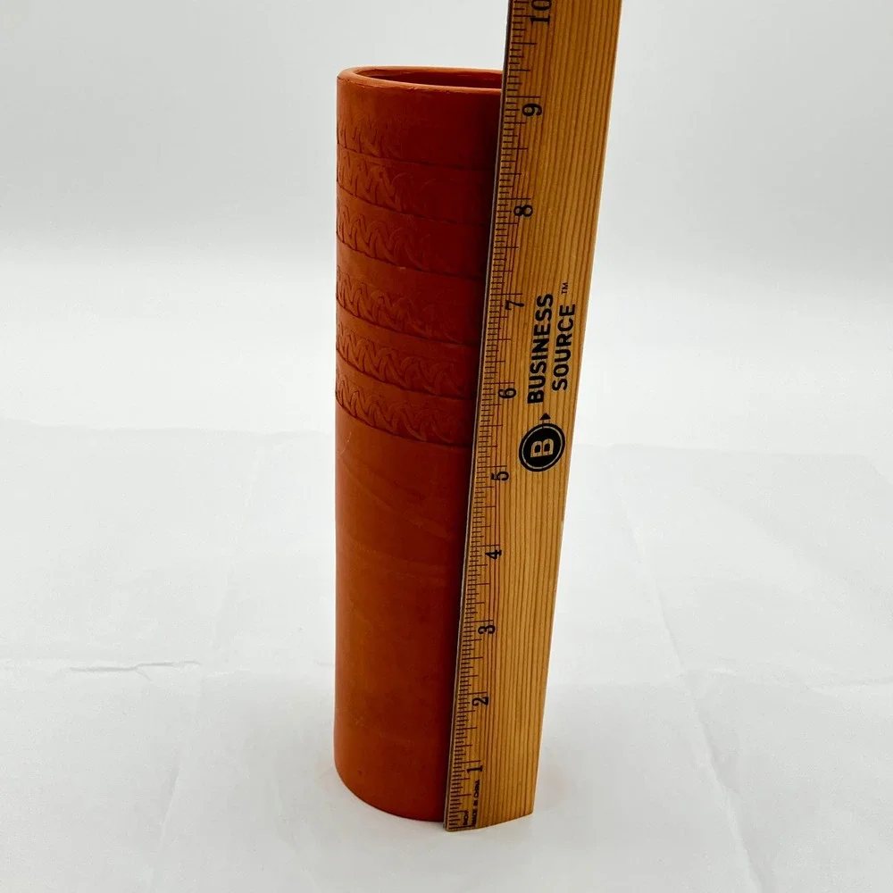 Terracotta Cylinder Vase 9.5in Orange Hand Carved Geometric Pattern
